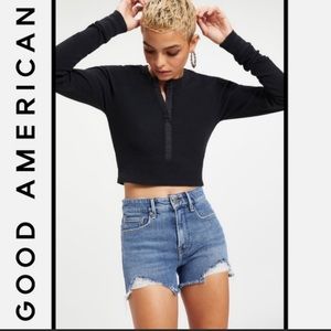 NWT Good American Thermal Waffle Knit Black Henley Crop Top Size 1 (S)
